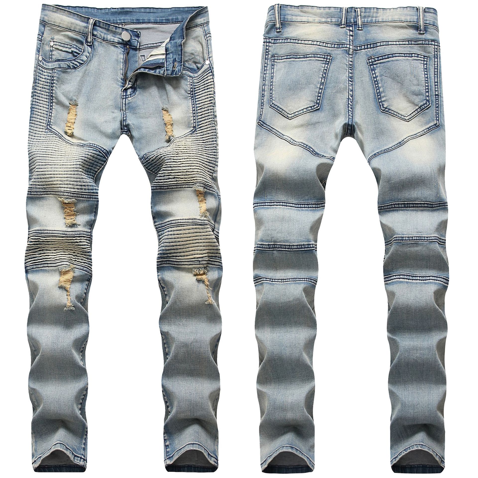 21 Styles Mens Jeans Fold Motorcycle Pants Straight Slim Fit Ripped Hole Washed Fashion Trousers Pencil Pants Street