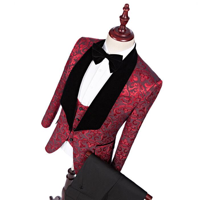 Burgundy Printed Wedding Tuxedos Shawl Lapel Wine One Button Groom Men Suits Wedding Prom Dinner BestMan Blazer(Jacket+Bow+Vest+Pants)
