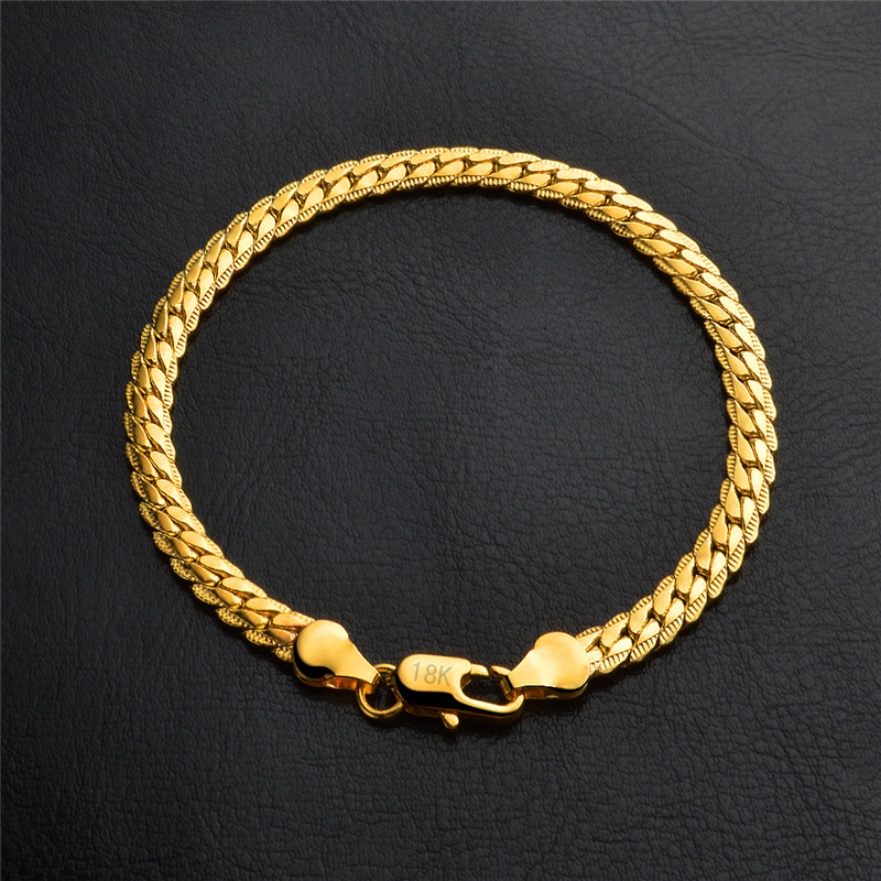 18K Gold Plated Bracelets Men 5mm Flat Chain Bracelet with Stamp Fashion Jewelry Birthday Christmas Gift for Women Party 20cm
