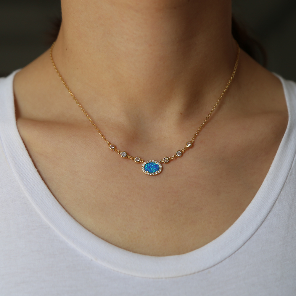 Wholesale-high quality brass fashion jewelry blue fire opal gemstone cz link chain gold silver plated collar gemstone necklace