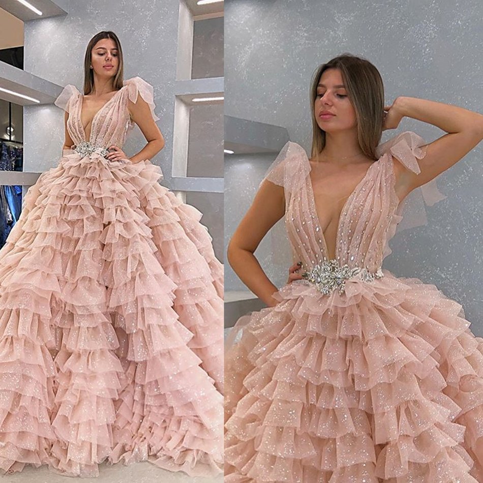 a line evening dresses deep v neck sleeveless bow tiered beads crystals sequins tulle prom dress floor length special occasion dresses, Pink
a line evening dresses deep v neck sleeveless bow tiered beads crystals sequins tulle prom dress floor length special occasion dresses, Pink