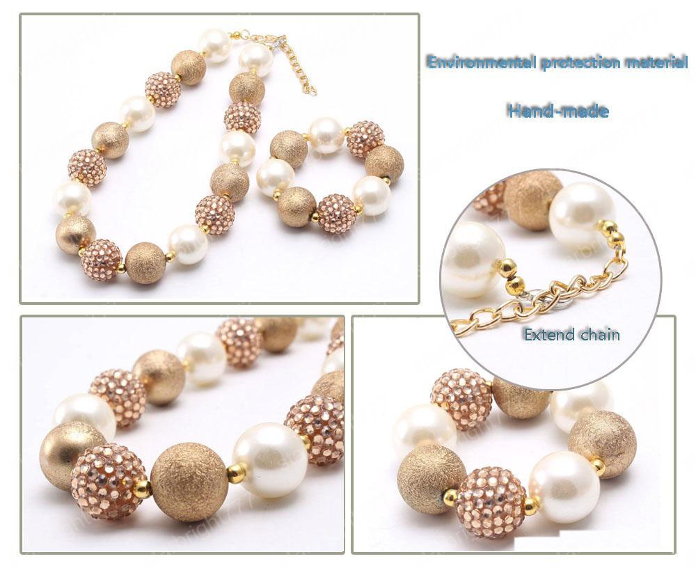 Newest Gold+Beige Color Baby Kid Chunky Necklace&Bracelet Set Fashion Bubblegum Beads Chunky Necklace Jewelry Set For Children Gilr