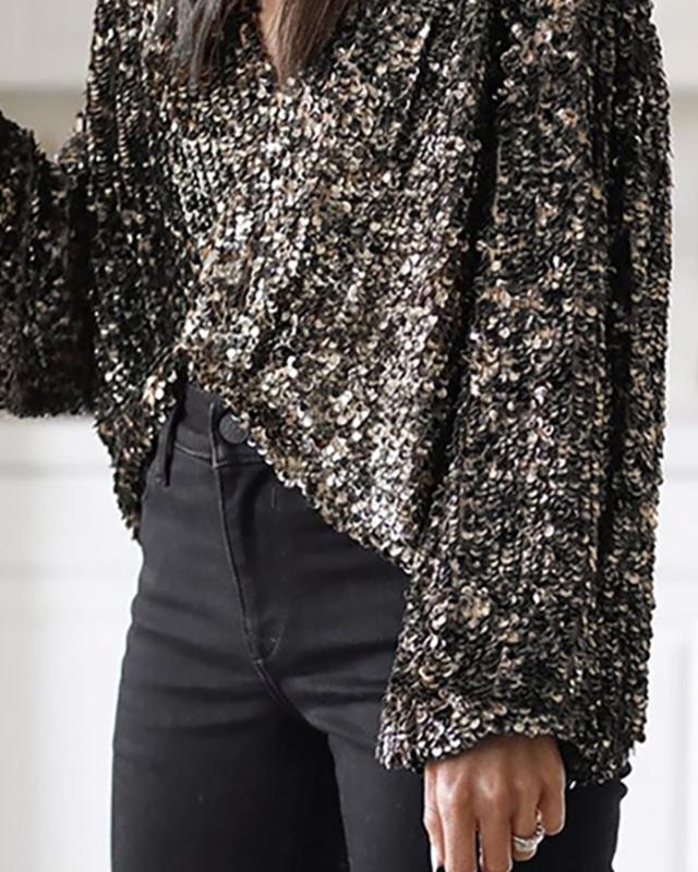 Ninimour Women Elegant Fashion Glitter Plunge Long Sleeve Sequins Blouse Ladies Casual Outwear Officewear Tops