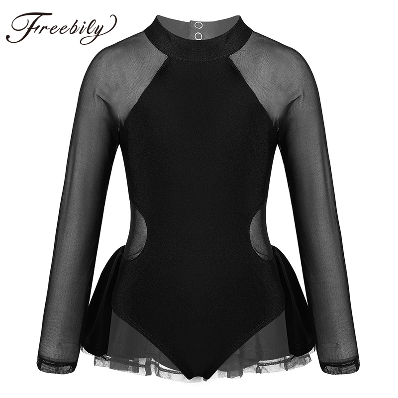 

Kids Girls Sheer Long Sleeve Mock Neck Tulle Splice Figure Ice Skating Dress Children Gymnastics Leotard Ballet Dance Costume, Black