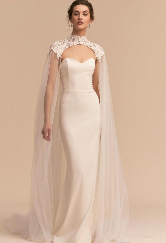 2019 Newest Tulle Long High Neck Wedding Cape Lace Jacket Bolero Wrap White Ivory Women Bridal Accessories covered buttons Custom Made