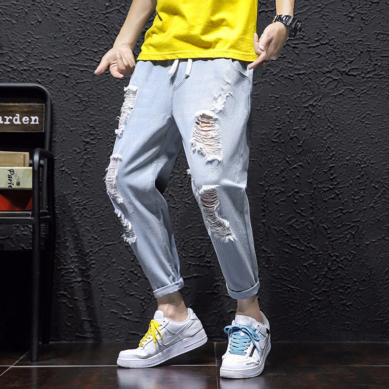 2020 retro jeans male loose student Korean version of boys leggings wide-legged pants men's nine-point pants