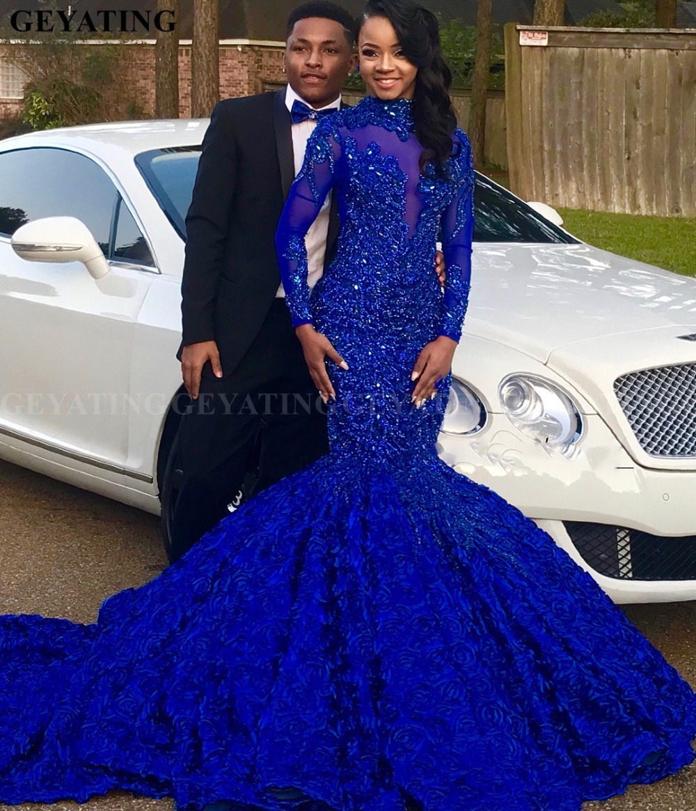 3D Flower Mermaid Royal Blue African Prom Dress Long Sleeves Chapel Train burgundy Beaded Crystal Plus Size Evening Graduation Party Dress