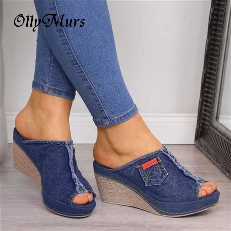 2020 New Hot Women's High Heels Fashion Denim Slippers Women Wedge Heel Toe Platform Shoes Large size 35-43 zapatos de mujer, Blue
2020 New Hot Women's High Heels Fashion Denim Slippers Women Wedge Heel Toe Platform Shoes Large size 35-43 zapatos de mujer, Blue