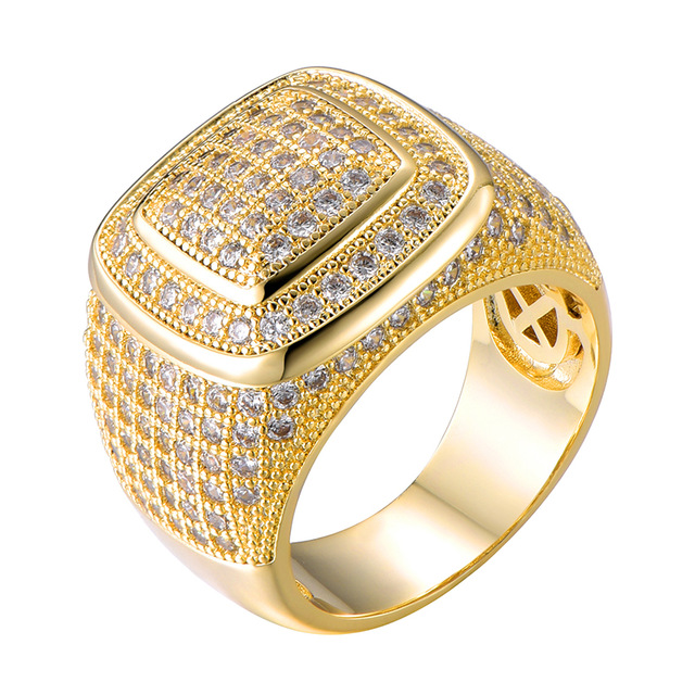 Hip Hop Iced Out Bling Full CZ Charm Tready Square Copper Zircon Ring For Men Women Jewelry Gold Silver Size 811