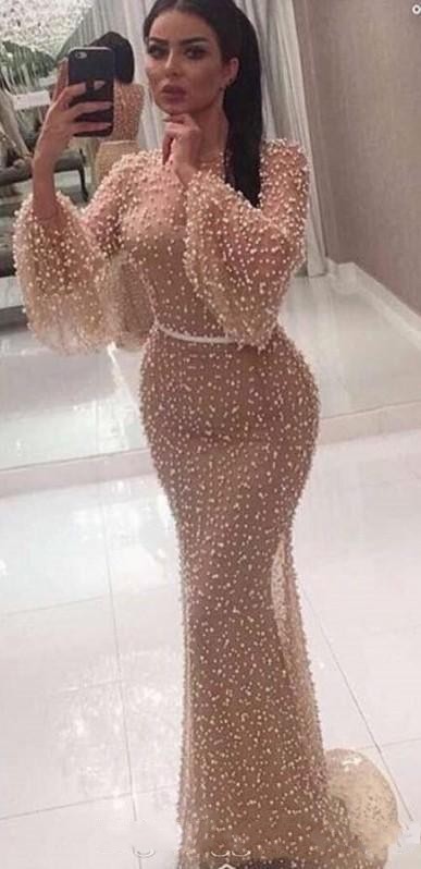 2020 New Sexy Dubai Arabic Mermaid Long Sleeves Evening Dresses Wear Pearls Champagne Jewel Neck Sheer Back Formal Prom Gowns Party Dress