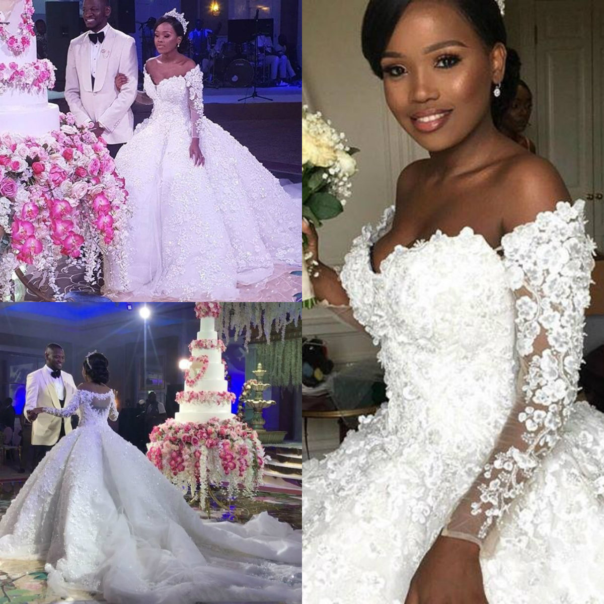 African 3D Floral Plus Size Wedding Dresses Long Sleeves Illusion Back Chapel Train vestido de noiva Ball Gown Bridal Dress