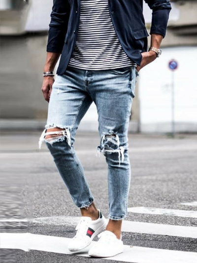Ripped Skinny For Men - Straight Elastic Denim Biker Pants, Stylish Plus Size Slim Fit Jeans Lf1903 B4