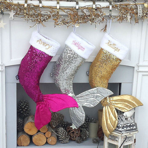 18'' Kids Sequin Mermaid Christmas Stocking for Xmas Presents, Red