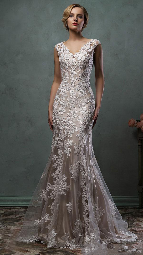 Vintage Amelia Sposa Full Lace Appliques Mermaid Wedding Dresses 20120V-Neck Chapel Train Wedding Bridal Party Gowns