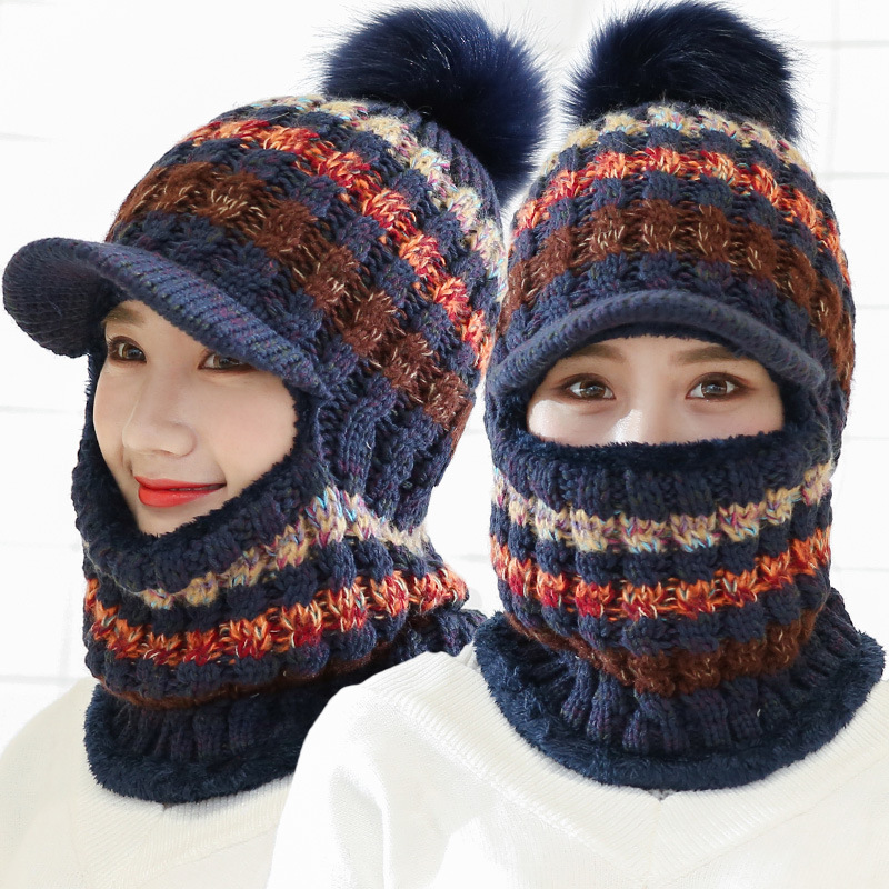 Women's Warm Squat Hat Hat Riding Snow Hat Winter Knit Scarf Set Hair Ball Pom-pom Fashion Wool Thick Collar