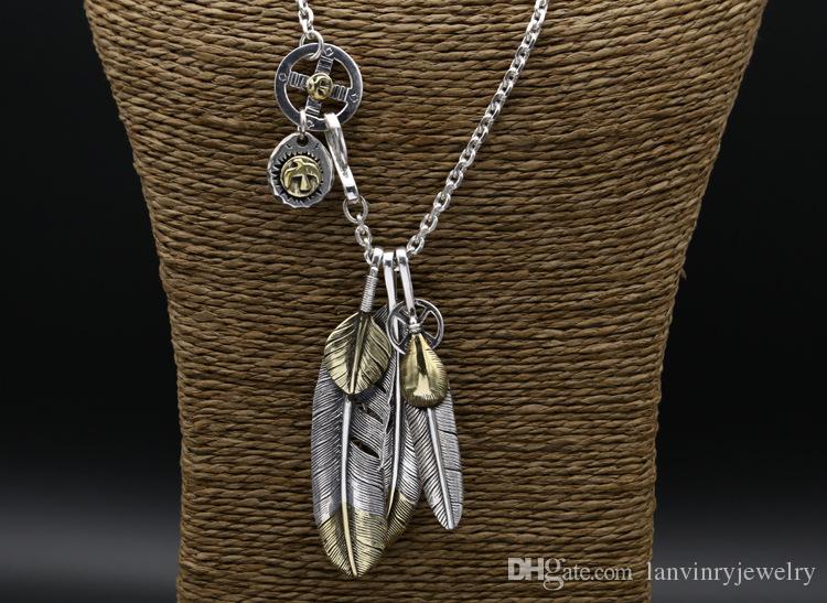 Brand new 925 sterling silver vintage jewelry antique silver hand-made designer eagle sign and feather pendant punk necklace for men women