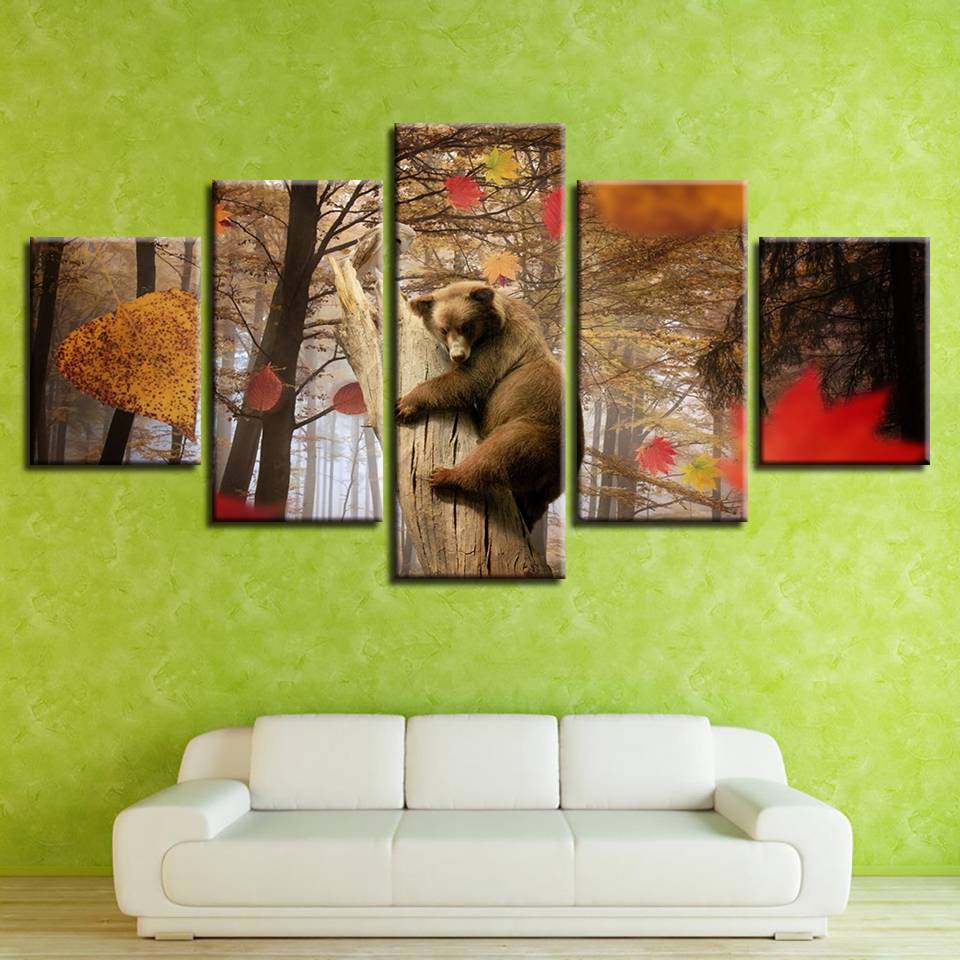 5 Pieces Animal Cute Dog Bear In The Tree And Maple Leaf Scenery Painting Modular Decor Wall Pictures(No Frame)