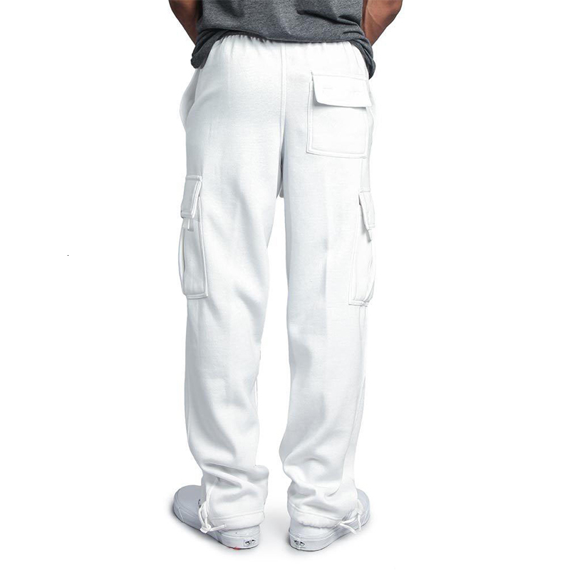 2019 Multi Pocket Winter Pants Men White Cargo Pants Fleece Hip Hop Grey Sweatpants Male Causal Tactical Pants Homme Trousers CJ191210