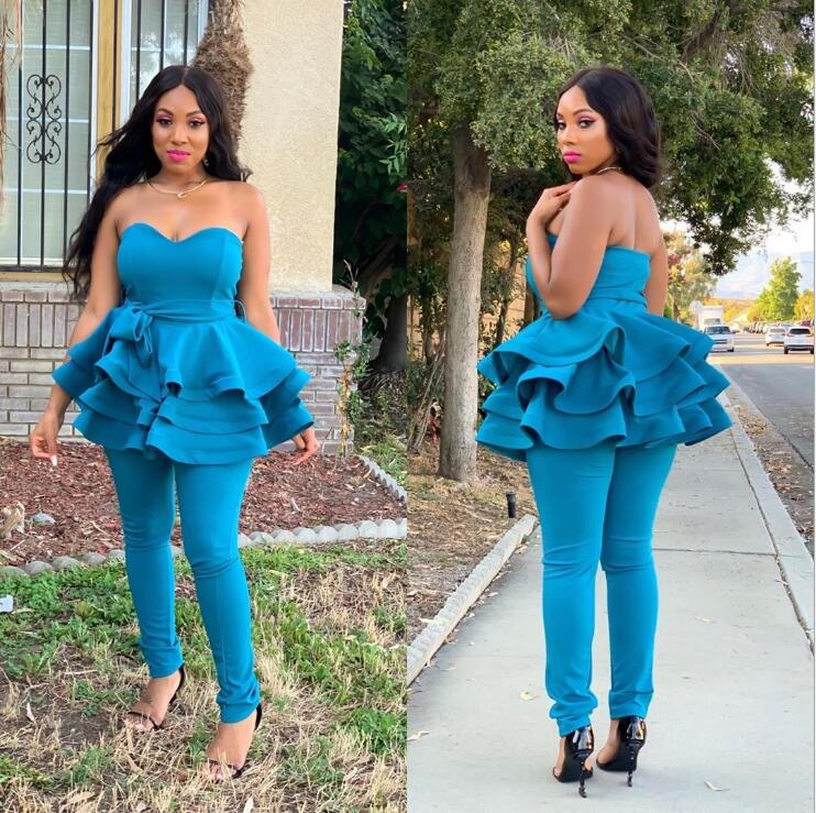 2020 Black Girls Purple Prom Dresses Jumpsuit Plus Size Strapless Tiered Ruffles Evening Gowns Ankle Length Party Formal Dress