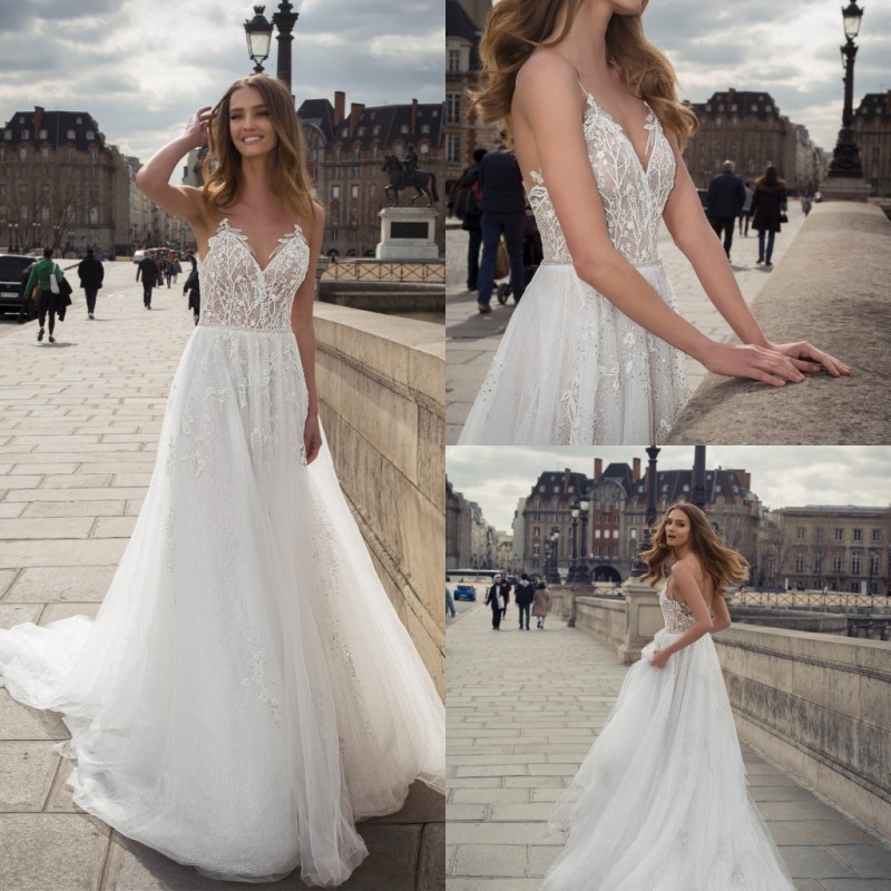 berta tulle wedding dresses spaghetti v neck lace appliqued beaded vestido de noiva sexy bridal gowns a line wedding dress