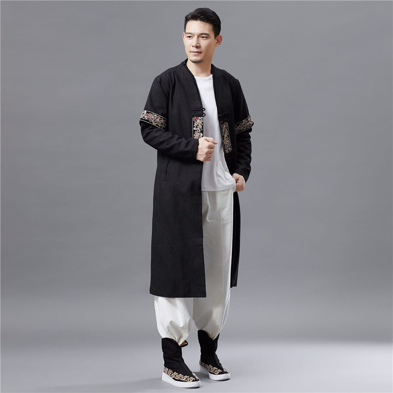 2019 Spring Autumn New Double Collar Long Sleeve T-shirt Men's Retro Fashion Long-style Chinese National Clothing Classic Design