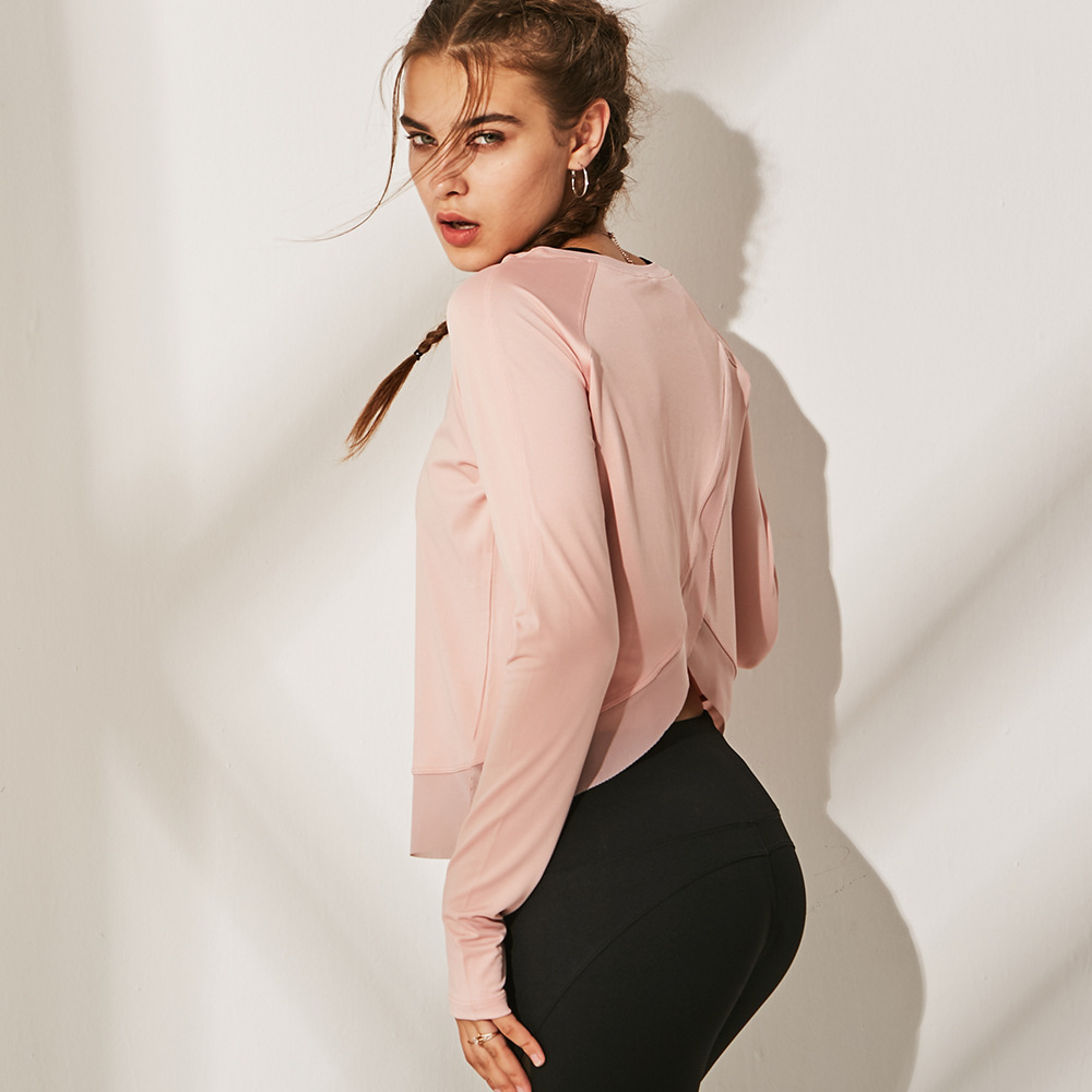 O neck Long Sleeve Mesh Yoga Shirt Women Back Split Cross Wrap Fitness T Shirt with Thumb Holes Workout Tops Woman Sportswear T200401