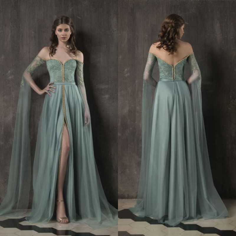 Elegant Prom Dresses With Long Sleeves Gold Appliques Sexy Front Split Party Dress Formal Summer Girls Pageant Gowns