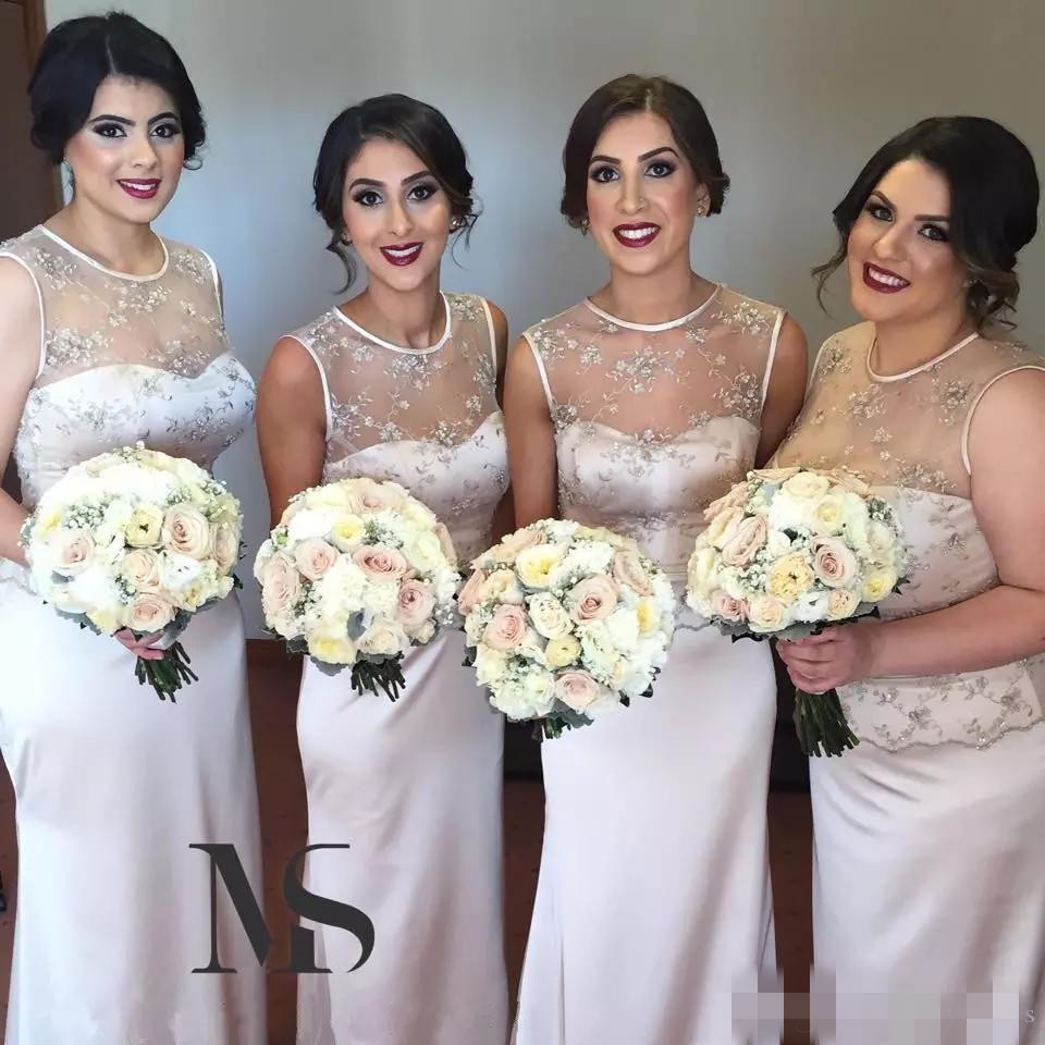 Elegant Sheer Neck Bridesmaid Dresses Tulle Satin Mermaid Sleeveless Jewel Embroidery Maid Of Honor Gown Wedding Guest Party Formal Wear