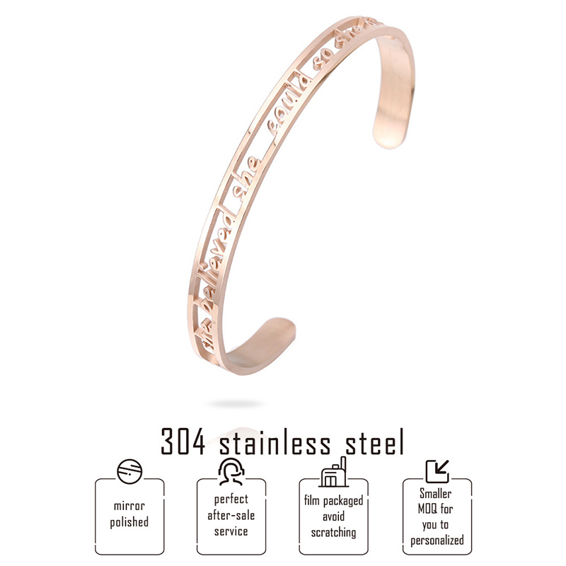 New Stainless steel Hollow Inspirational Cuff Bangle She believed she could so she did Open bracelets For women Letter Personalized Jewelry
New Stainless steel Hollow Inspirational Cuff Bangle She believed she could so she did Open bracelets For women Letter Personalized Jewelry