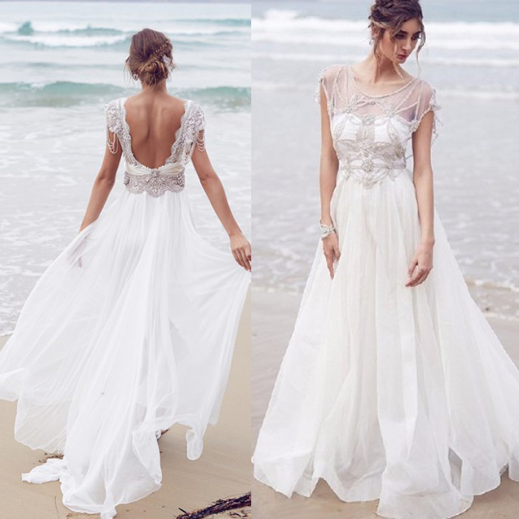 2019 Summer A Line Beach Wedding Dresses Jewel Neck Ivory Lace Applique Bridal Gowns Bohemia Tulle Dress