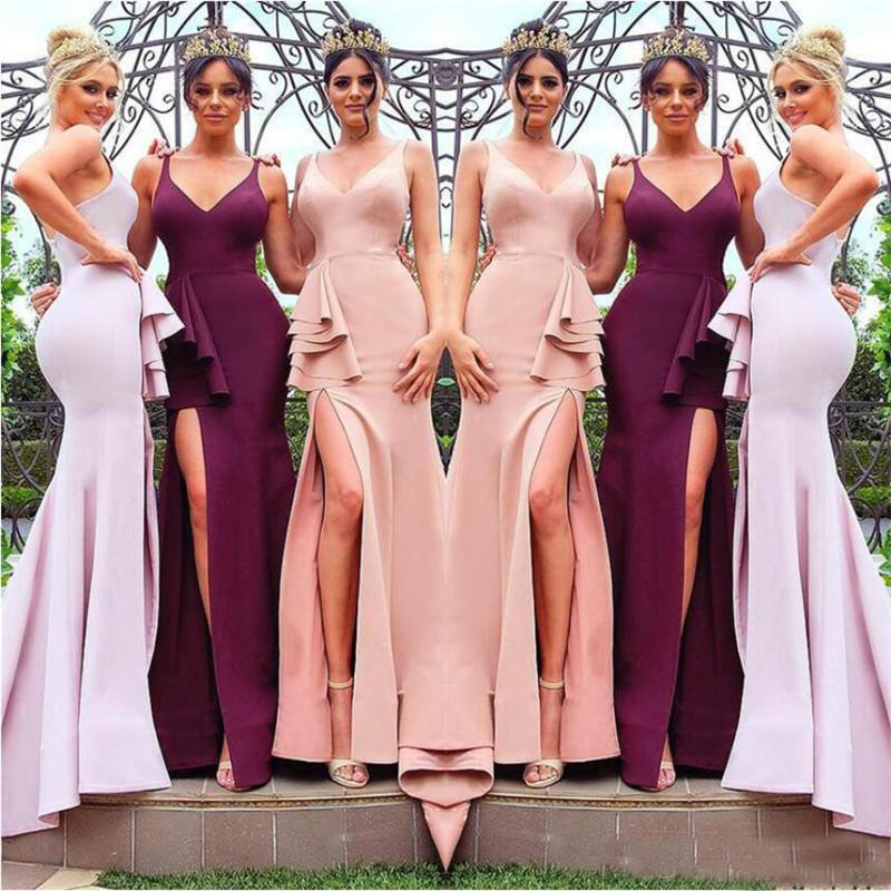 Long Mermaid Bridesmaids Dresses Elegant mermaid Ruffles Split Long Wedding Guest Gowns Maid of Honor Evening Party Wears
