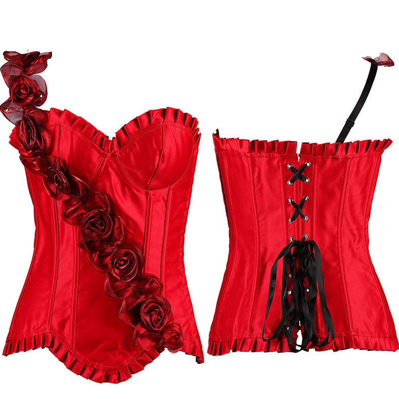 Rose Flowers Satin Overbust Corset with Frill Trim and Curve Hem Details Sexy One Shoulder Lace-up Corsetlet Bustier S-6XL Plus Size