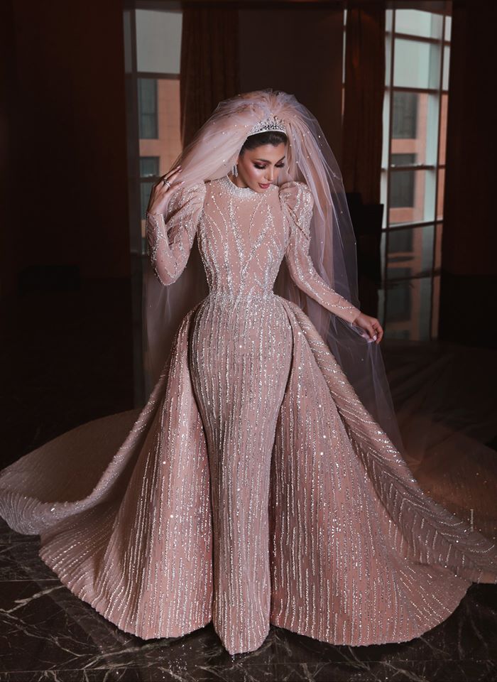 Sparkly Arabian Mermaid Prom Dresses With Detachable Train Beading Jewel Neck Long Sleeve Appliques Evening Dresses Sexy Party Wear