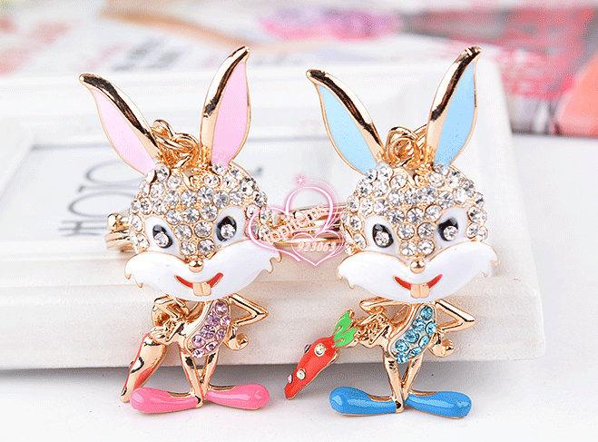 Metal Key Ring Chain Super Cute Bunny Keychains Pink Blue Enamel Rhinestone Animal Pendant Gold Color Creative Children Jewelry