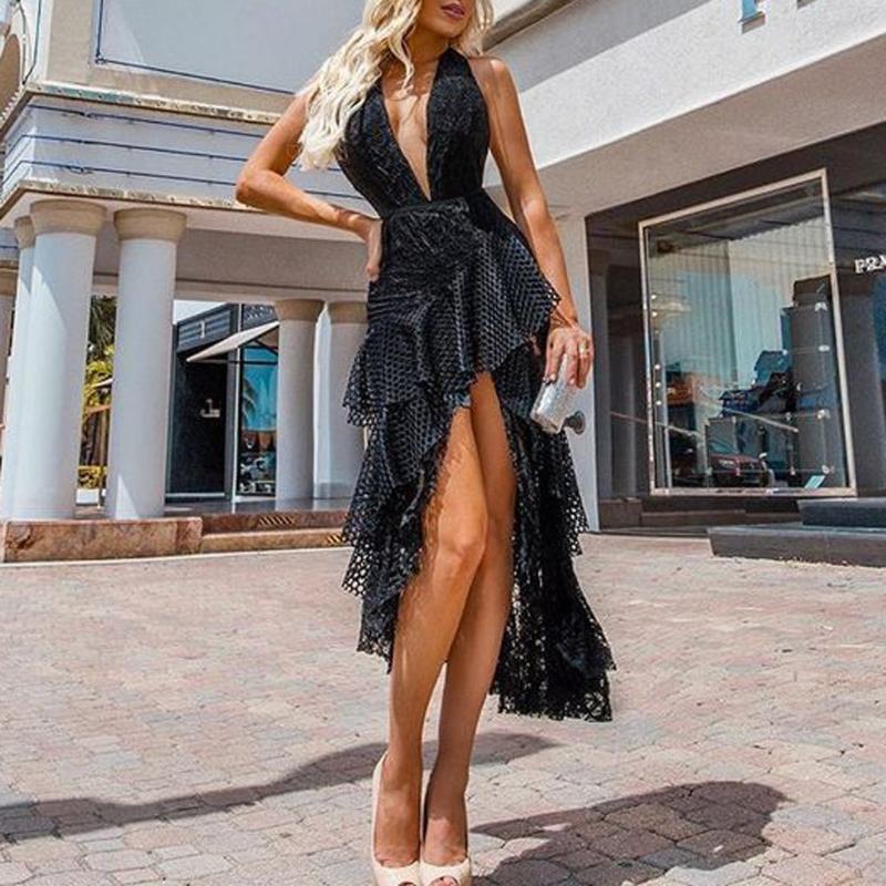 2020 summer Irregular leaky shoulder deep V-neck dress Women Sexy Halter Backless Dress Sleeveless Lace Party
2020 summer Irregular leaky shoulder deep V-neck dress Women Sexy Halter Backless Dress Sleeveless Lace Party
