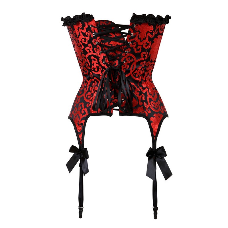 Women Burlesque Black Lace Ruffle Trim Red Jacquard Plastic Boned Overbust Corset Bustier with Garters and Bows Plus Size S-6XL