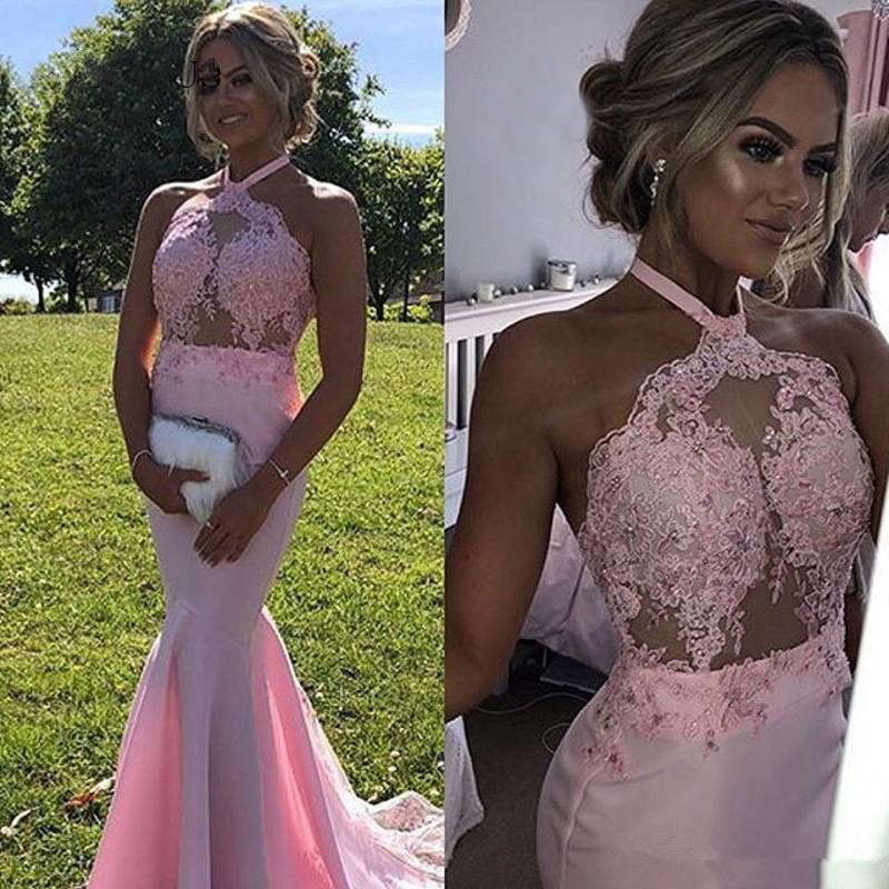 New Mermaid Pink Prom Dresses Halter Neck Appliques Beaded Sexy Party Gowns Long Satin Girls Formal Evening Dresses