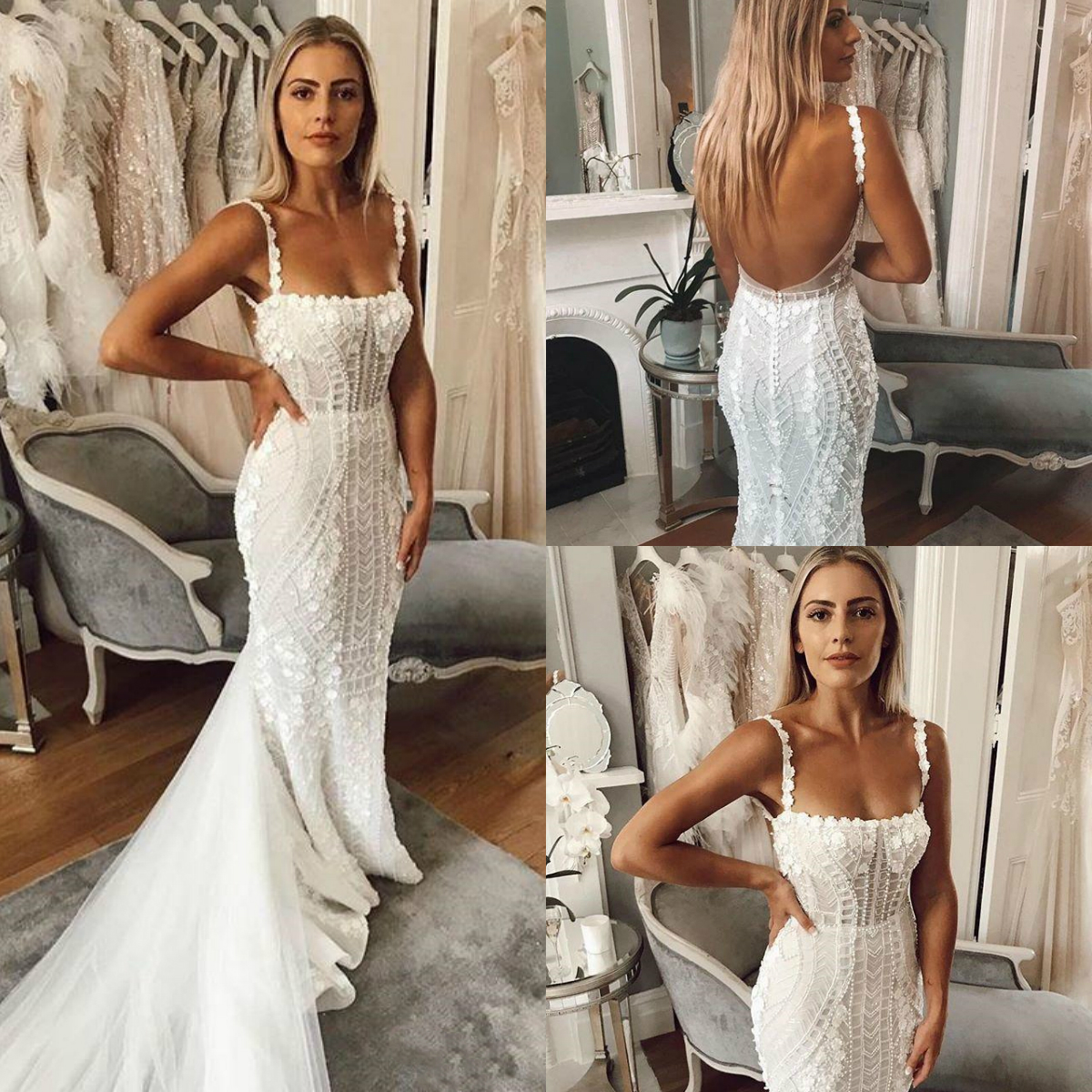 Mermaid Pearls Berta Dresses Lace Appliqued Spaghetti Neck Bridal Gowns Sweep Train Beach Wedding Dress Vestidos De Novia