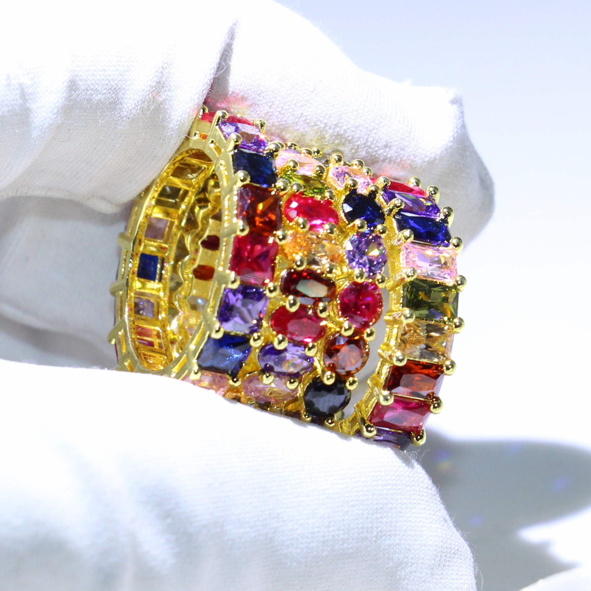 2019 New Arrival Cut Shinning Luxury Jewelry 925 Sterling Silver&Gold Fill Multi Color Topaz CZ Diamond Stackable Women Wedding Band Ring