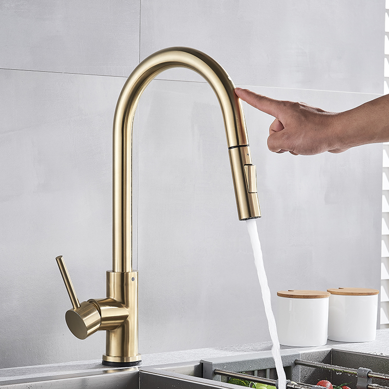 Pull Out Sensor Kitchen Faucet Brushed Gold Sensitive Touch Control Faucet Mixer For Kitchen Touch Sensor Kitchen Mixer Tap T200429172410