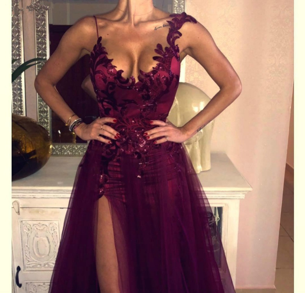 2020 Formal Women Holiday Wear Celebrity Party Evening Gowns Plus Size Custom Made Elegant Grape Purple Lace A Line Split Prom Dresses