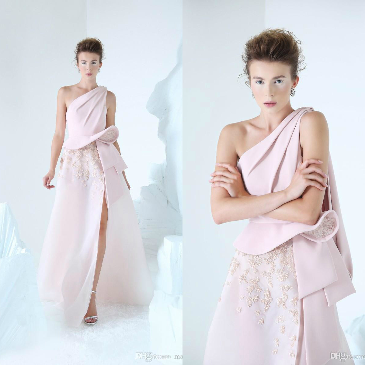 Azzi Osta Pink Split Prom Dresses Lace One Shoulder Appliqued Beaded Celebrity Party Gowns Custom Made Formal Evening Dress