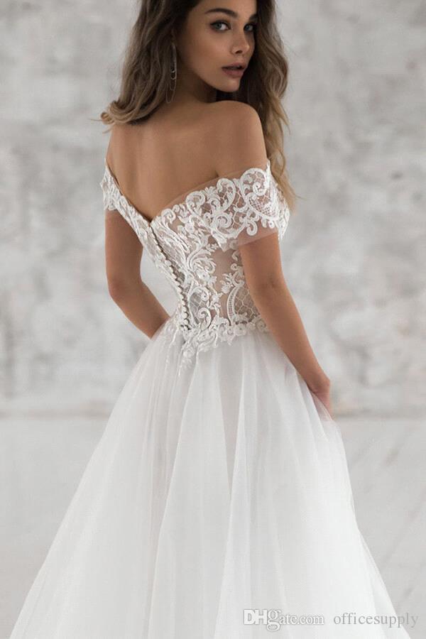 Simple Off Shoulder Beach Dresses Short Sleeves Tiered Tulle Lace Applique Wedding Dress Bridal Gowns Robe De Marie