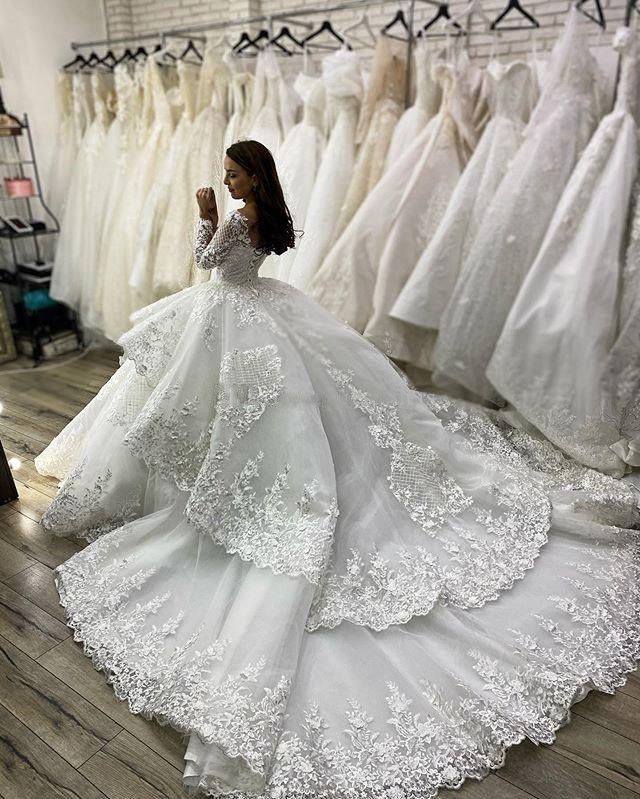 Spring 2020 Princess Long Sleeves Ball Gown Wedding Dresses High Quality Cathedral Long Tail Women Fashion Vestidos De Novia robe de mariage
