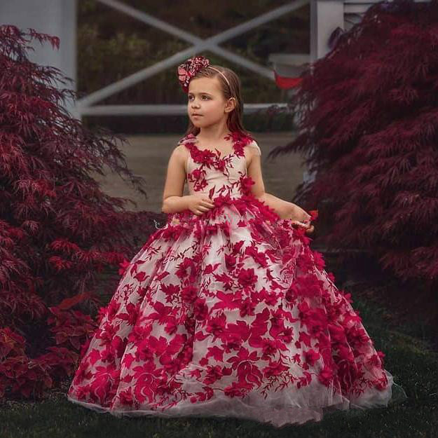 Cute 3D Floral Appliqued Little Girls Pageant Dresses Ball Gown Flower Girl Dress For Wedding Jewel Neck Tulle First Communion Gowns