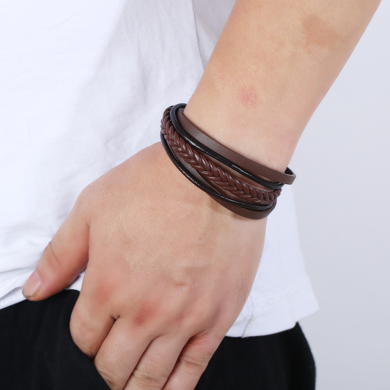 Simple Handmade Weave Multilayer Leather Stainless Steel Charm Bracelets Black Brown Rock Bangle Jewelry For Women Men