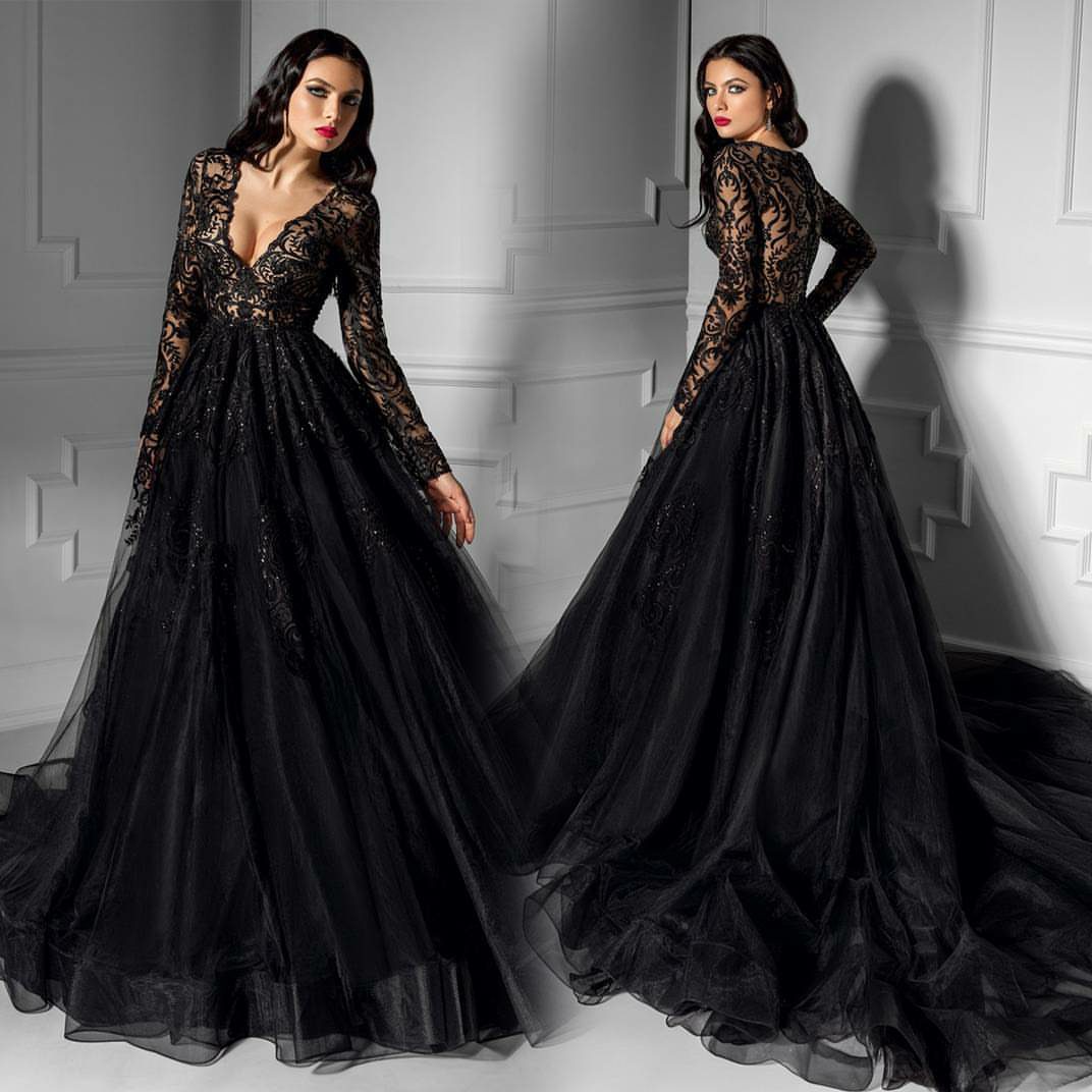 2019 Arabic Black Prom Dresses Illusion Lace Applique Long Sleeve Sequined Formal Party Evening Dresses Bien Savvy Sexy Bridal Gowns