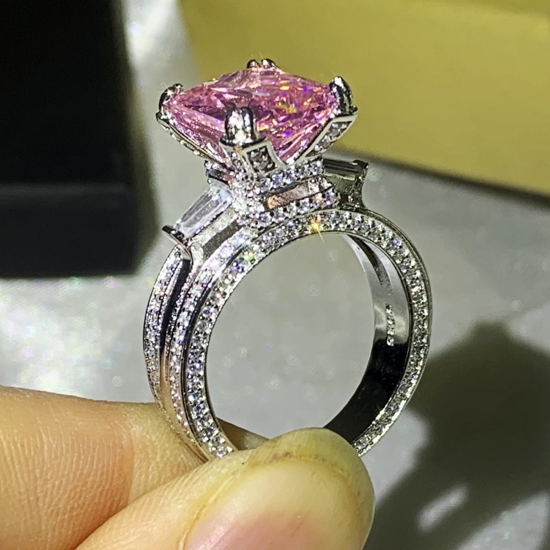 Size 5-10 Luxury Jewelry Stunning 925 Sterling Silver Big Pink Sapphire CZ Diamond Gemstones Eternity Eiffel Tower Women Wedding Band Ring