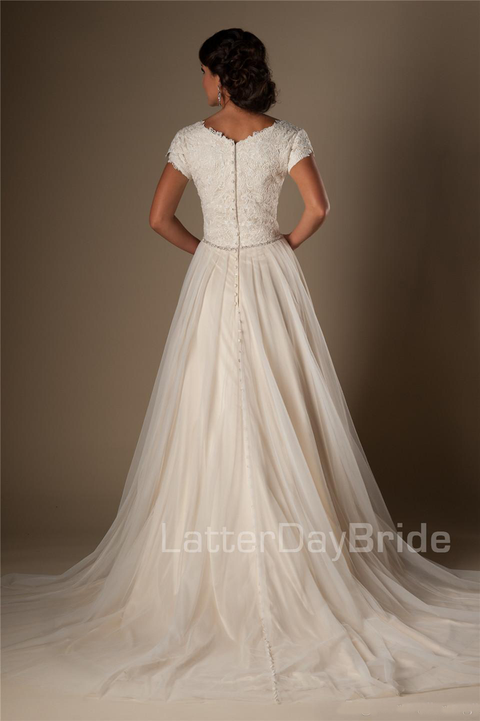 Modest Champagne Short Sleeves Wedding Dresses Cap Sleeves V Neck Buttons Lace Tulle Bridal Gowns A-line Inexpensive Wedding Gowns