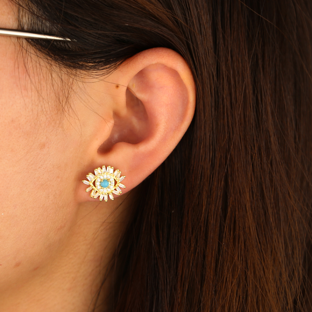 baguette cz firework evil eye stud earring pave cubic zirconia turquoise gemstone elegance gorgeous lucky women jewelry